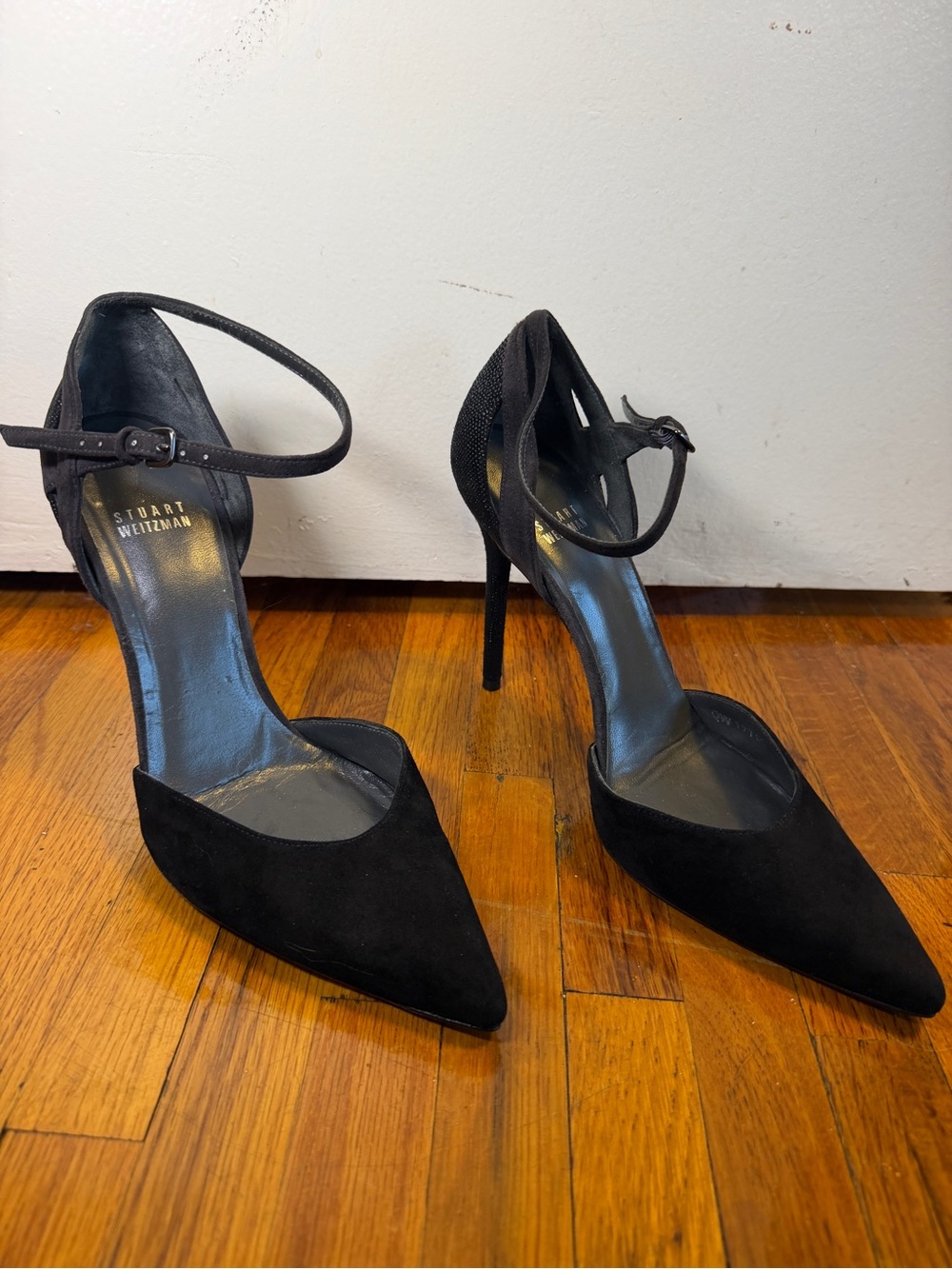 Stuart Weitzman Black Suede Pointed Ankle-Strap Pumps - Picture 3 of 9